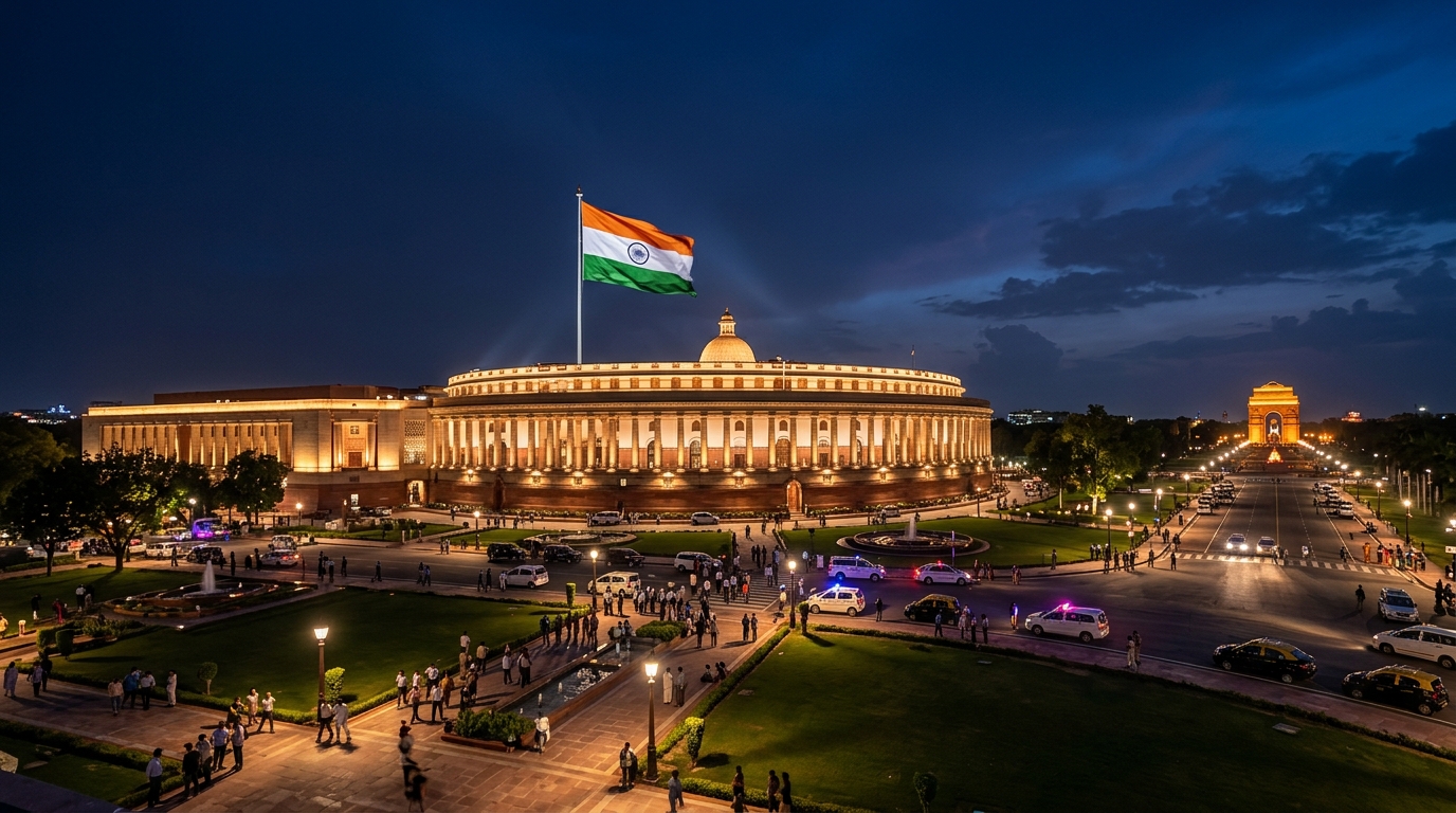Indian Parliament Building & Flag